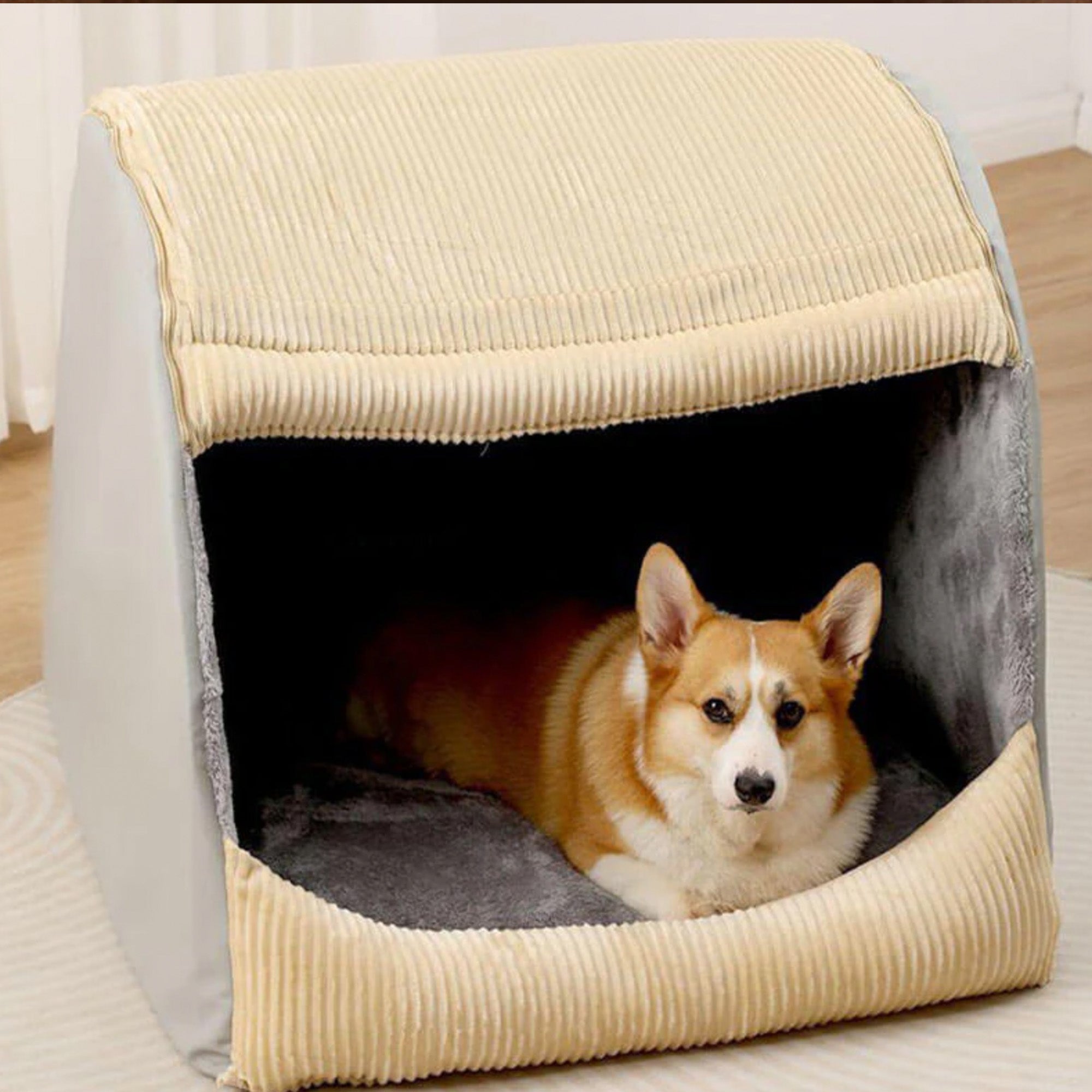 Großes, abnehmbares, halbgeschlossenes Hundebett aus warmem Flanell mit Corgi im Inneren.