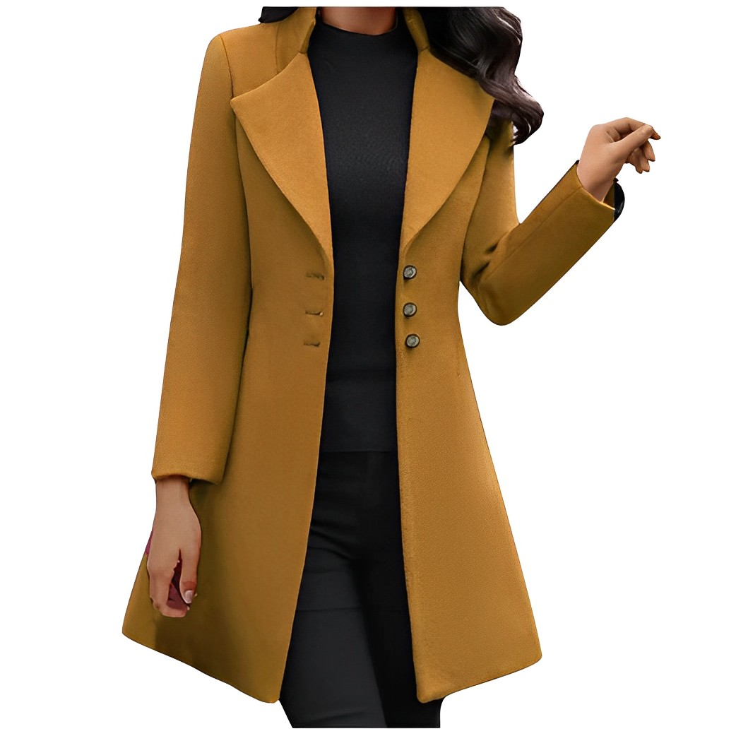 Eleganter Damenmantel in Senfgelb, tailliert mit Knopfleiste. Perfekt für Herbstmode, stilvoll und warm. Ideal für trendbewusste Frauen.