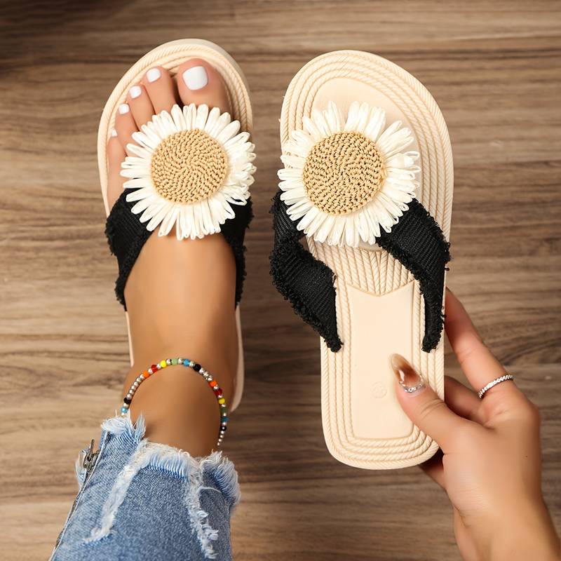 Damen-Sandalen mit Sonnenblumen-Design, bequeme Sommerschuhe, modische Flip-Flops, ideal für Strand und Freizeit, trendige Fußbekleidung.