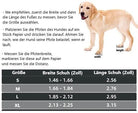 Gelbes Labrador-Welpe neben Größentabelle für Hundeschuhe. Enthält Anweisungen zur Messung der Pfotenbreite und -länge. Ideal für Haustierbedarf.