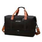 Schwarze Reisetasche mit braunen Griffen, Reißverschlüssen, ideal für Reisen, Sport, Gepäck.