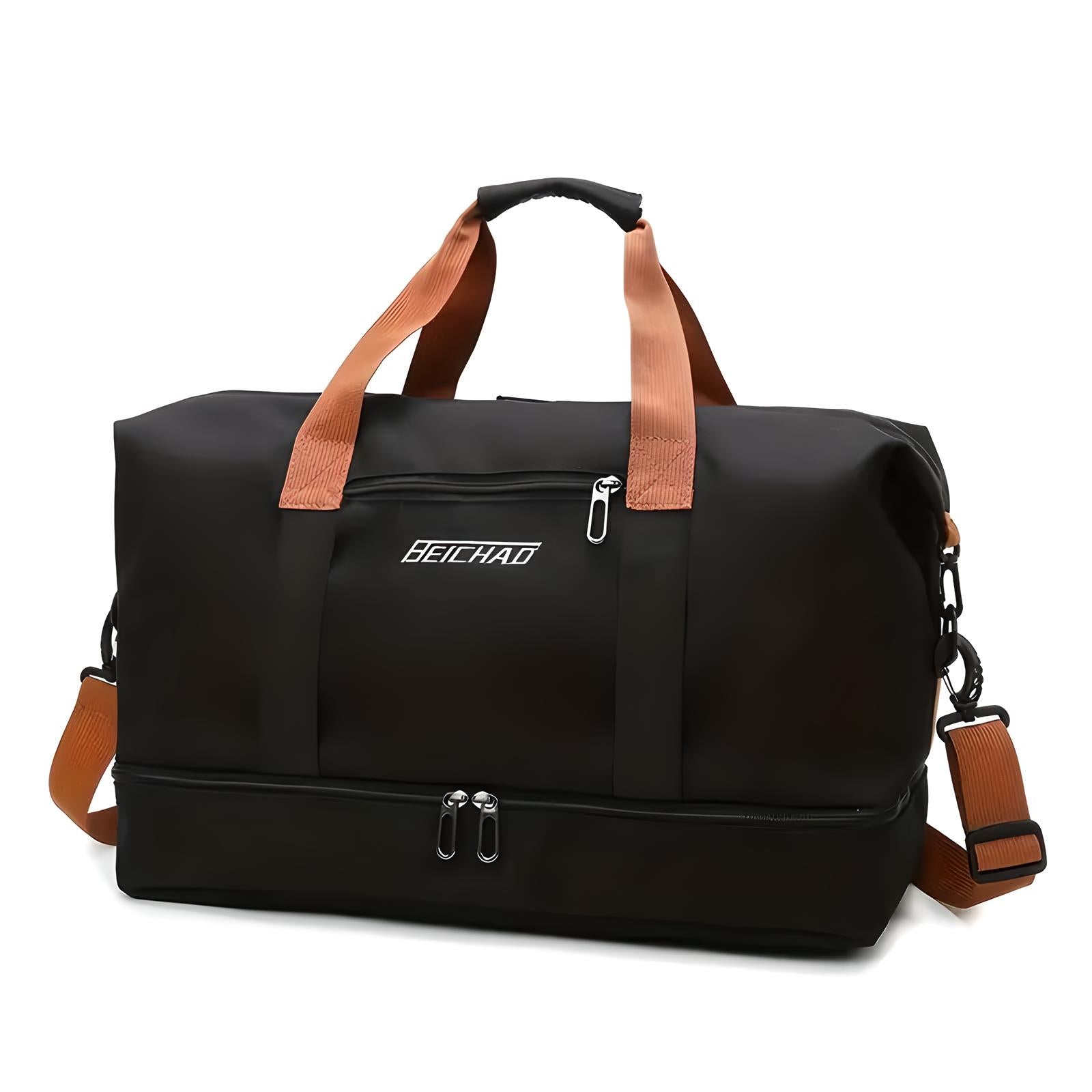 Schwarze Reisetasche mit braunen Griffen, Reißverschlüssen, ideal für Reisen, Sport, Gepäck.