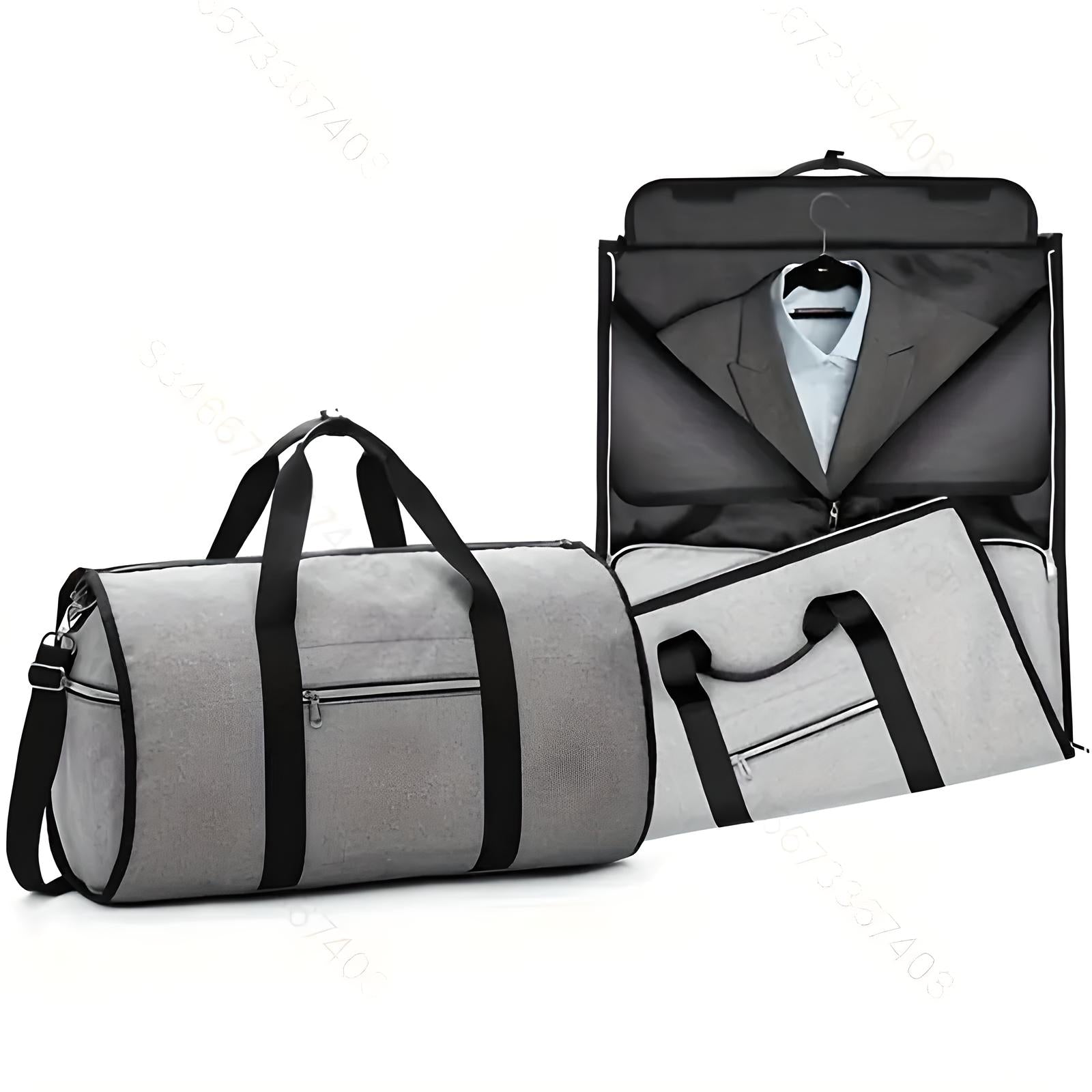 Graue Reisetasche mit Anzugfach, robustes Material, ideal für Geschäftsreisen.