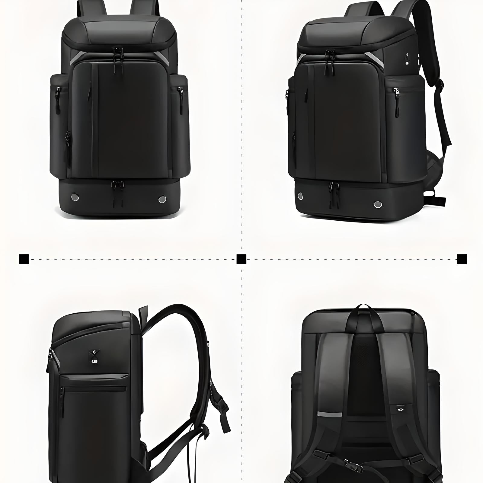 Schwarzer Rucksack, wasserdicht, multifunktional, Laptopfach, ergonomisch, für Reisen und Alltag.