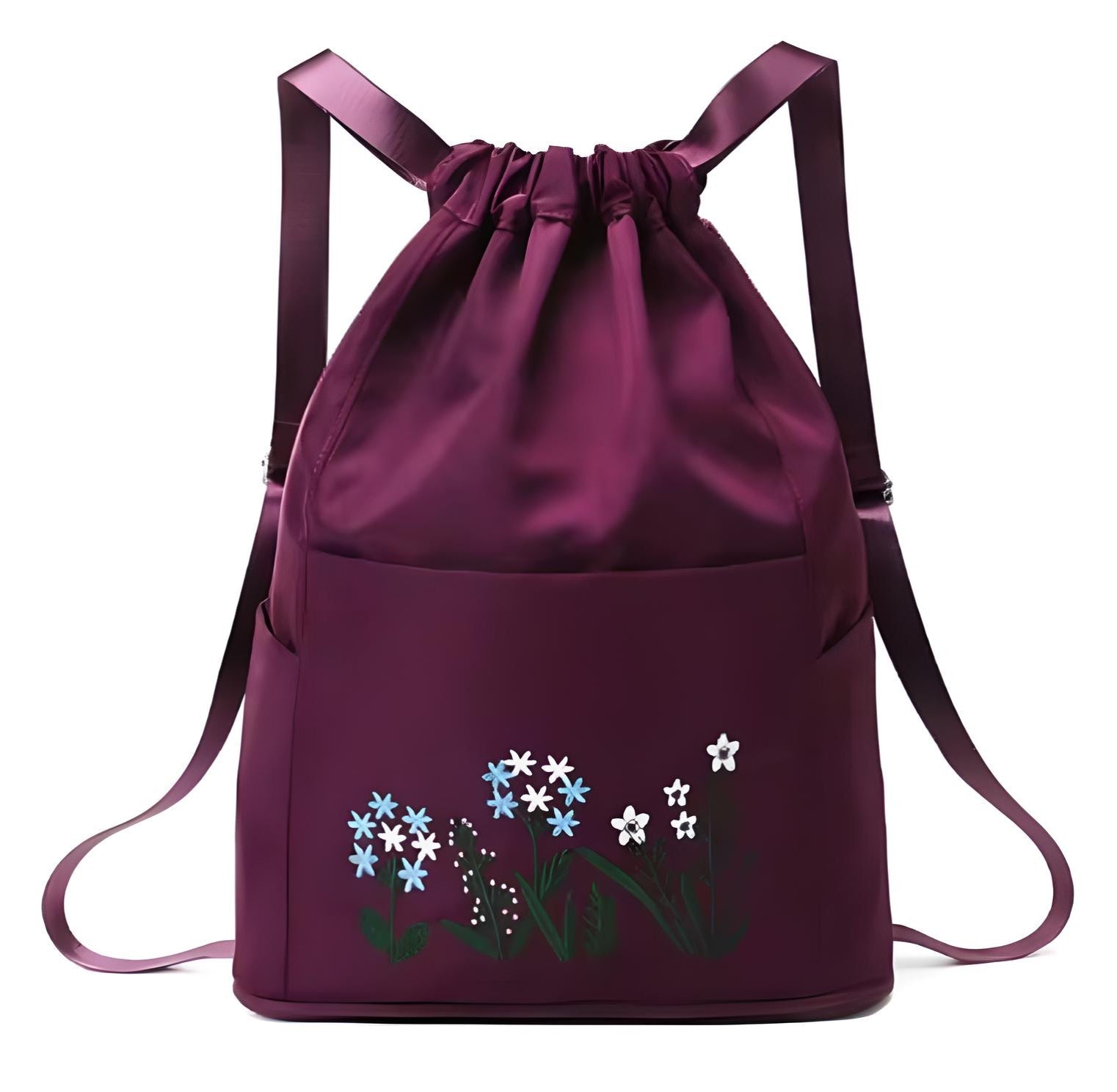 Lila Turnbeutel mit Blumenstickerei, Kordelzug, Rucksack, modisch, Damen Accessoire.