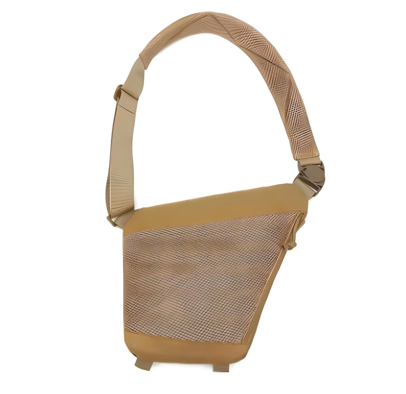 Beige Umhängetasche, modernes Design, Netzstruktur, verstellbarer Riemen, Unisex-Accessoire.