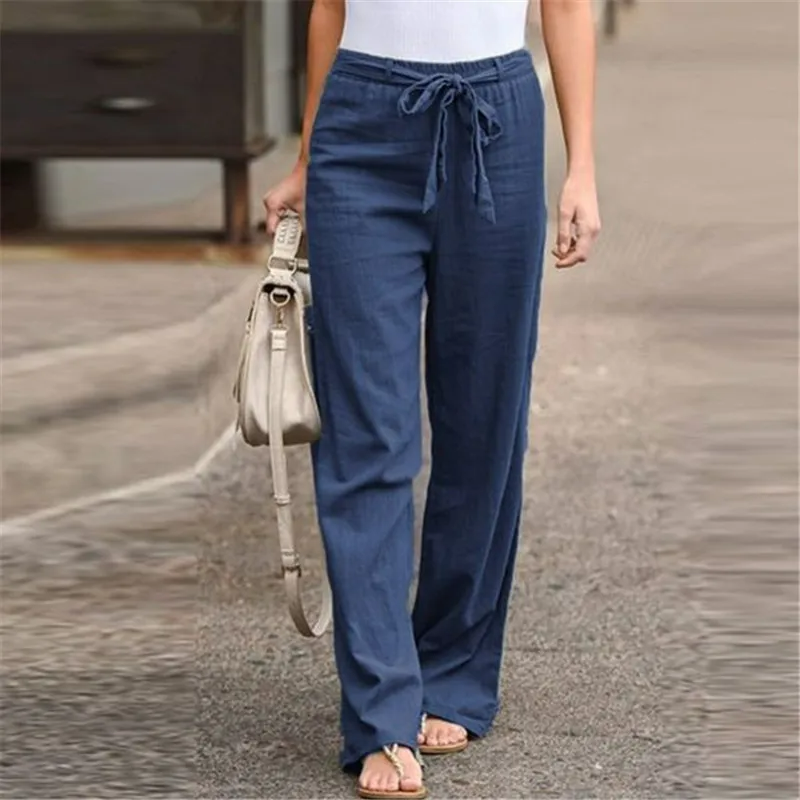 Damenhose aus Leinen-Baumwoll-Mix, blau, mit elastischem Bund und weitem Bein. Ideal für Sommermode, lässig und bequem.