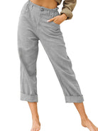 Graue Leinenhose Damen, lässig, knöchellang, mit elastischem Bund und Taschen. Perfekt für Sommermode und Freizeitoutfits.
