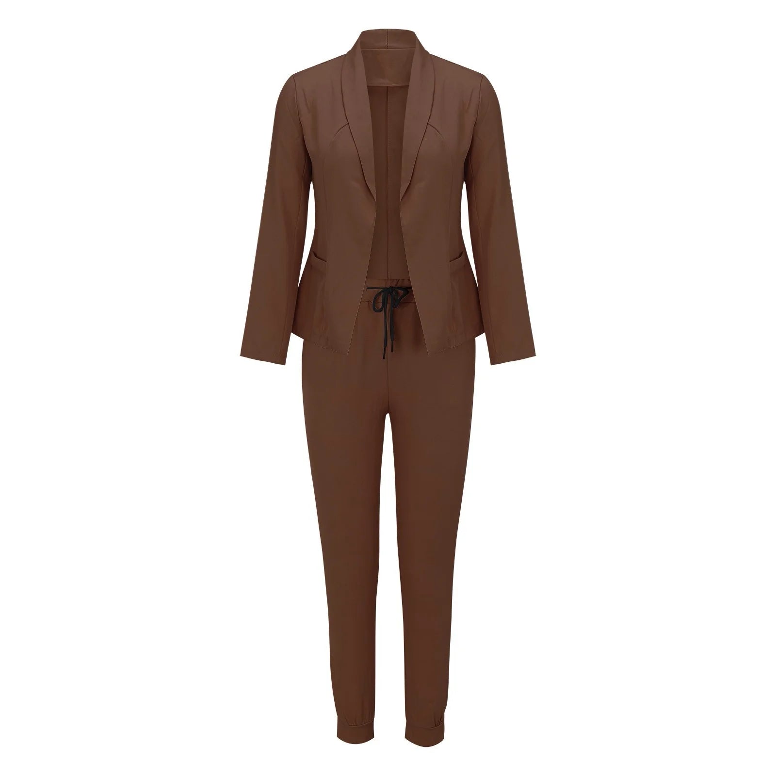 Brauner Damen-Jogginganzug mit Jacke und Hose, ideal für Freizeit und Sport. Bequemes Material, modisches Design, perfekt für den Alltag.
