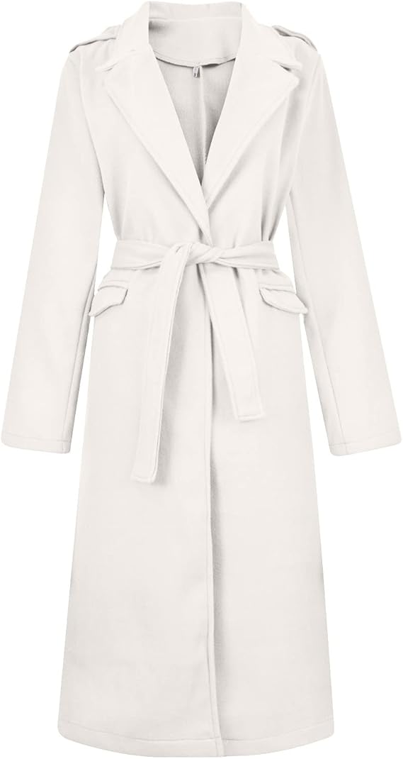 Eleganter Damen-Wollmantel in Weiß, langer Schnitt, mit Gürtel und Reverskragen. Perfekt für Herbst und Winter. Hochwertige Mode.