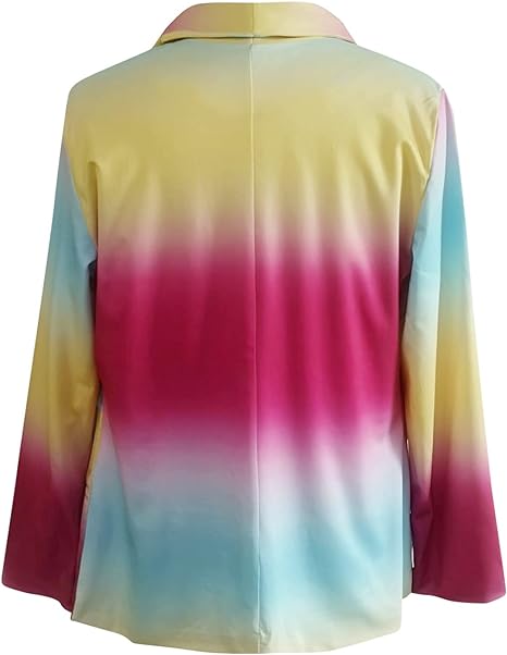 Bunte Damenbluse mit Farbverlauf in Gelb, Rot und Blau, langärmlig, modisch, ideal für Frühling und Sommer. Perfekt für trendige Outfits.
