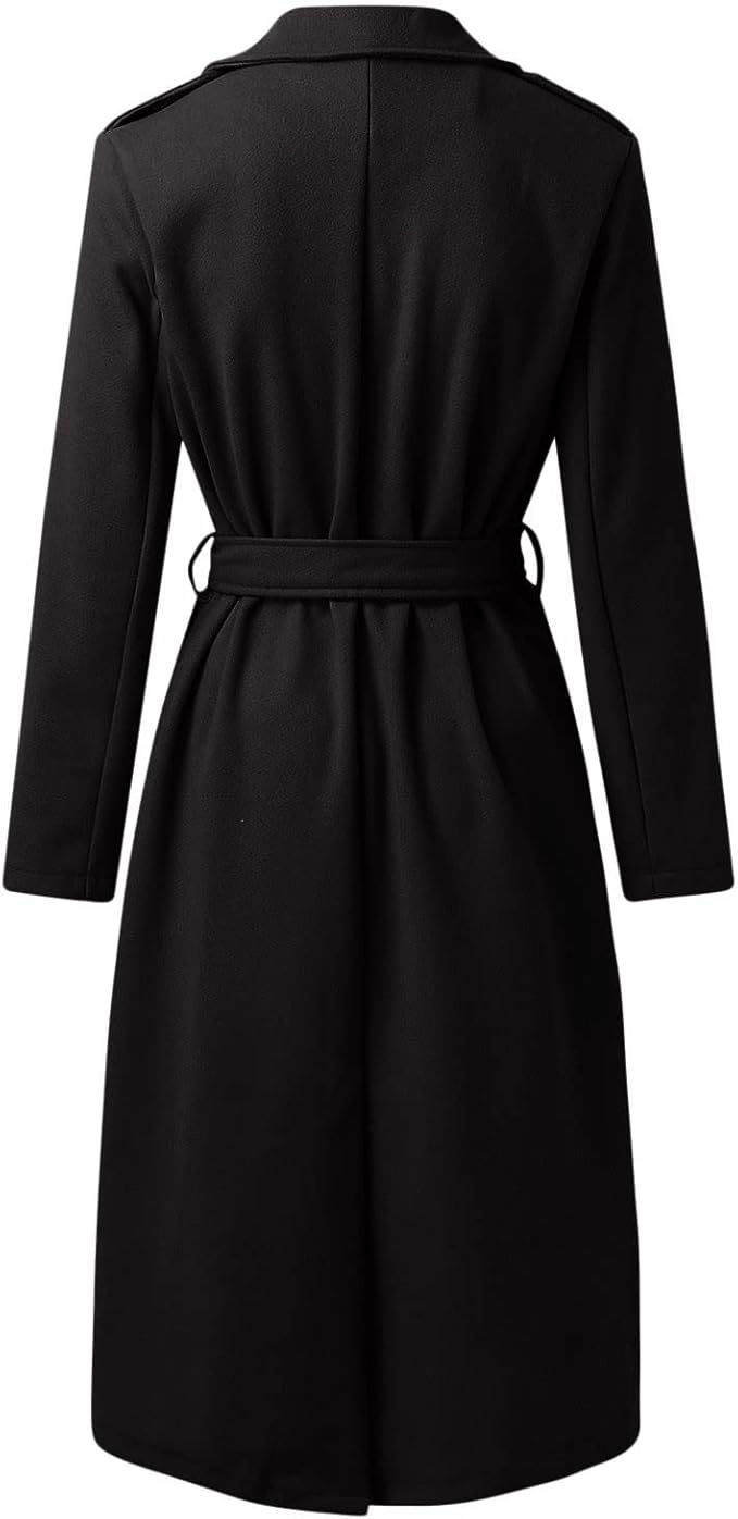 Eleganter schwarzer Damenmantel aus Wolle, knielang mit Gürtel, ideal für Herbst und Winter. Stilvoller Trenchcoat für modische Outfits.