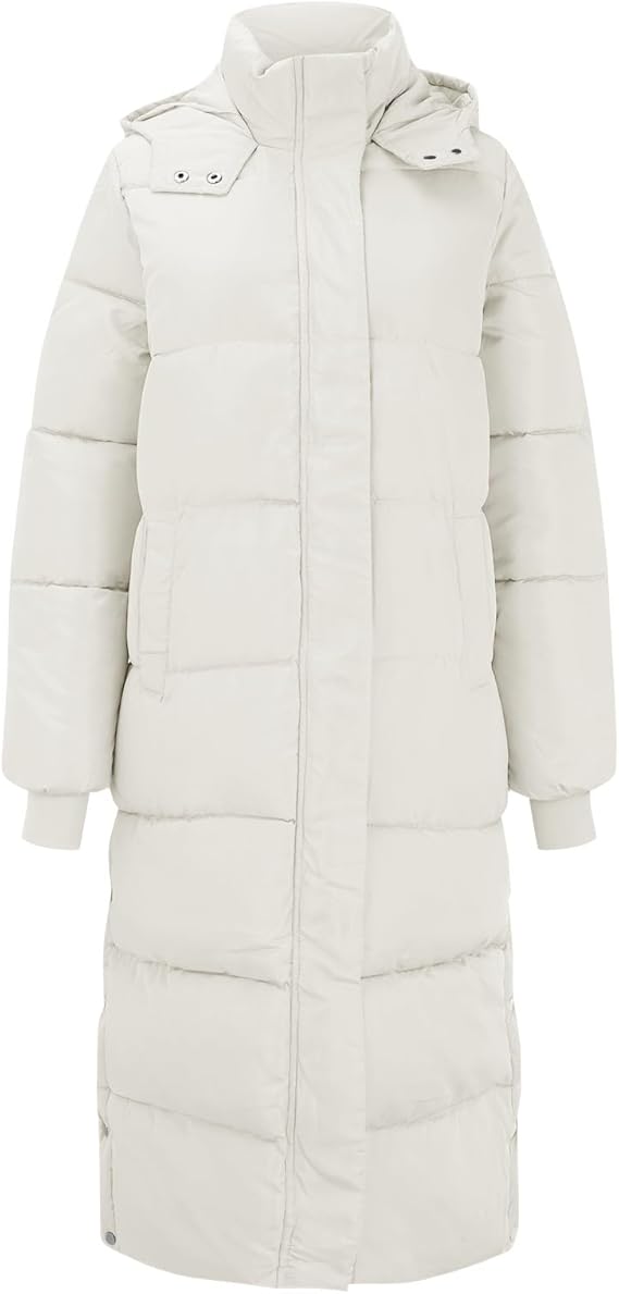 Langer Damen-Daunenmantel in Beige, warm und stilvoll, ideal für Wintermode. Hochwertige Materialien, modisches Design, perfekte Winterbekleidung.