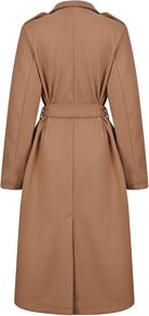 Eleganter, langer Trenchcoat in Kamelbraun, klassisches Design mit Gürtel, ideal für Herbstmode. Hochwertiger Mantel für Damen.
