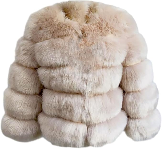 Luxuriöse Damen-Felljacke aus Kunstpelz, beige, warm und stilvoll, ideal für Wintermode. Perfekt für elegante Anlässe und kalte Tage.