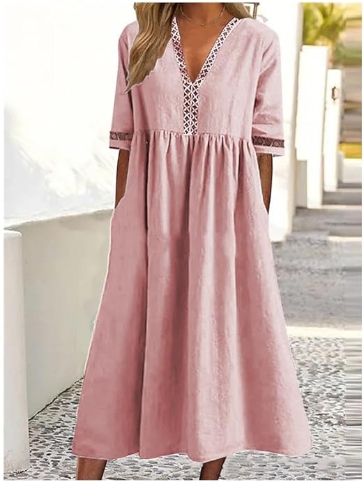 Damen Leinenkleid in Rosa, V-Ausschnitt, halblange Ärmel, lockere Passform, Sommermode, elegant und bequem, ideal für Freizeit und Urlaub.