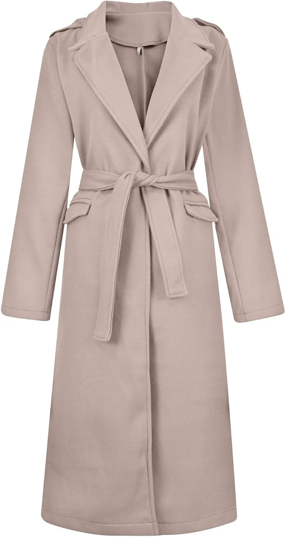 Eleganter Damen-Wollmantel in Beige, knielang mit Gürtel, ideal für Herbst und Winter. Stilvoller Trenchcoat-Look, zeitlos und warm.