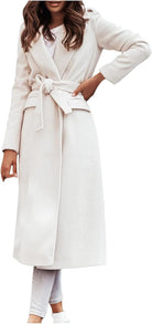 Eleganter Damen-Wollmantel in Cremeweiß, knöchellang mit Gürtel. Perfekt für Herbst und Winter. Modischer, zeitloser Look für stilvolle Outfits.