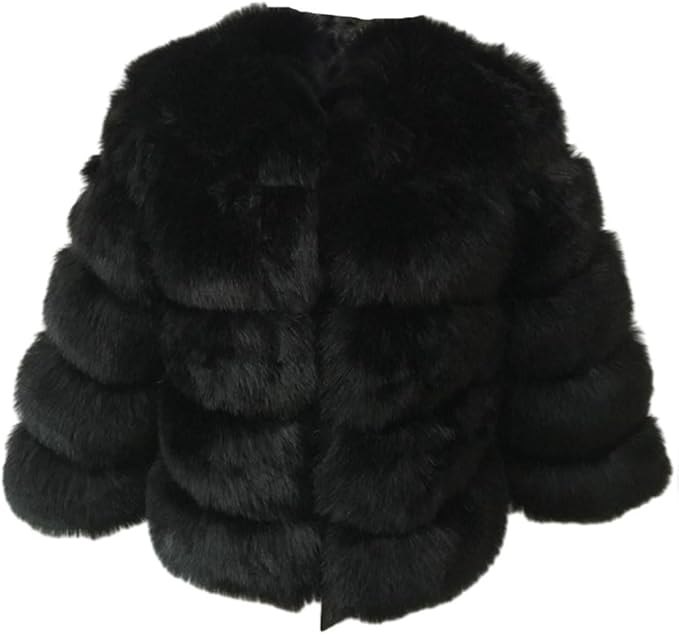 Schwarze Kunstpelzjacke, luxuriös und stilvoll, ideal für Wintermode. Flauschige, warme Damenjacke, perfekt für elegante Anlässe.