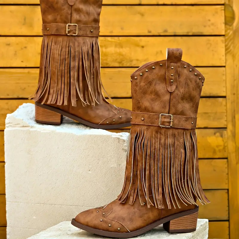 Damen Cowboy-Stiefel mit Fransen, braun, Lederoptik, niedriger Absatz, Westernstil, ideal für Herbstmode und Country-Outfits.