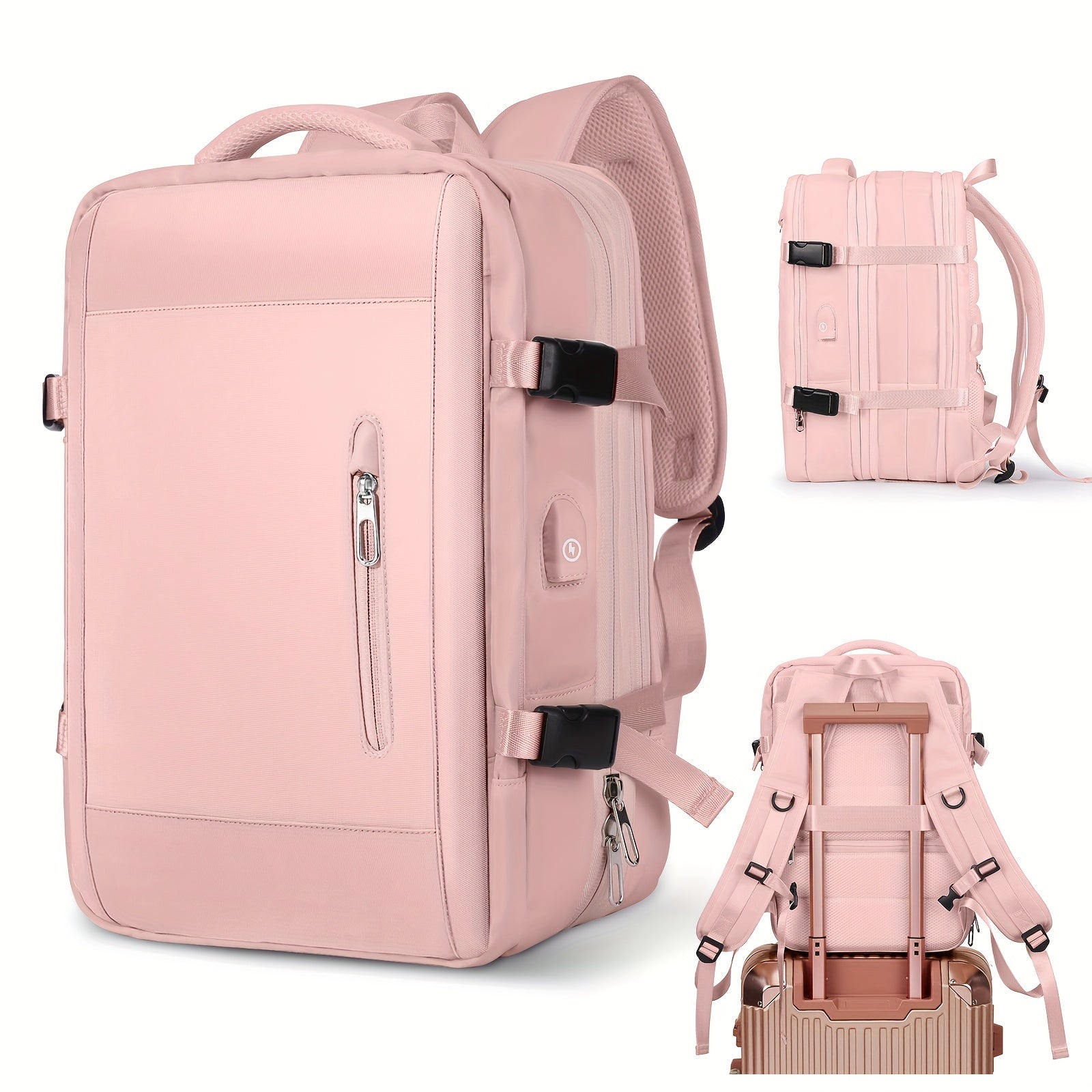 Rosa Rucksack mit mehreren Fächern, ideal für Reisen und Schule. Ergonomisches Design, wasserabweisend, mit USB-Anschluss und Gepäckriemen.