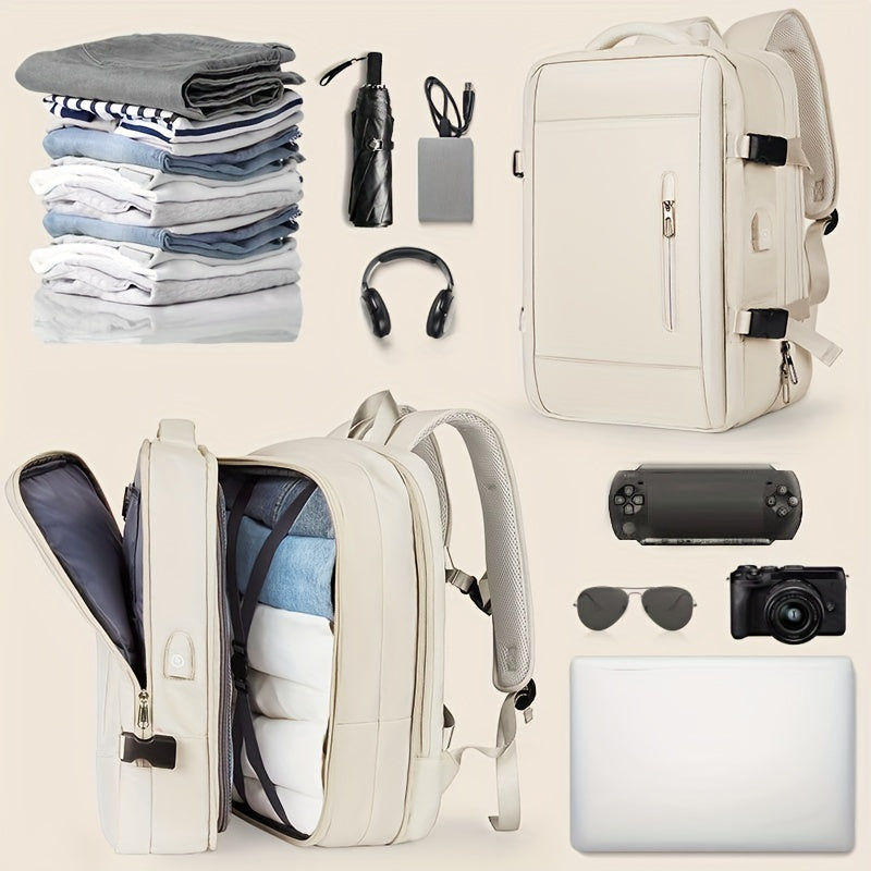 Moderner, multifunktionaler Rucksack in Beige mit Laptopfach, ideal für Reisen. Inklusive Kopfhörer, Kamera, Powerbank und Kleidung. Perfekt für Pendler.