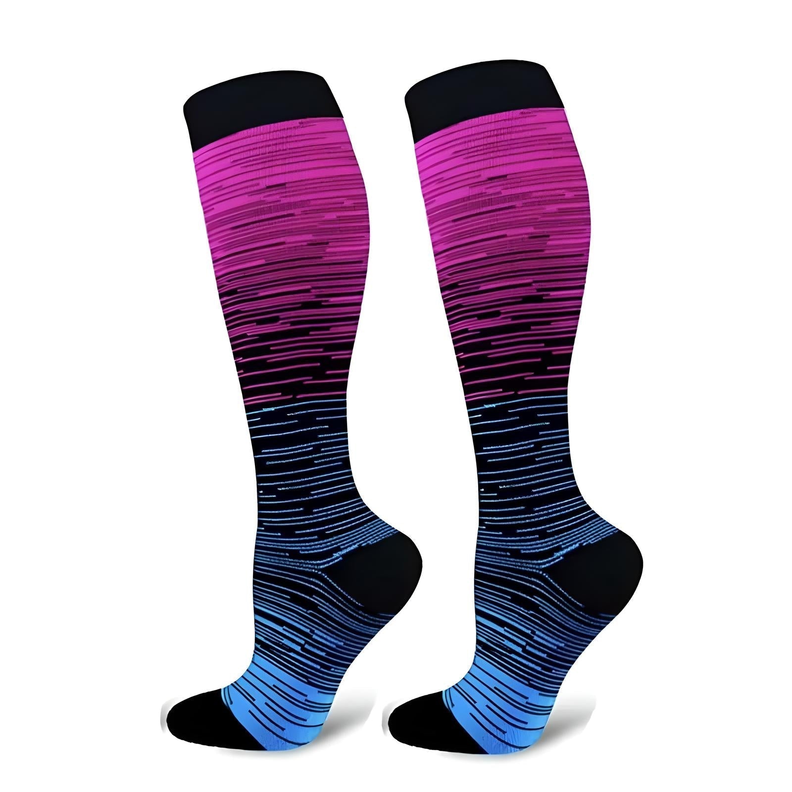Bunte Kompressionsstrümpfe, lila-blau gestreift, knielang, Sport, Unisex.