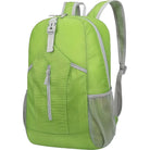 Grüner Rucksack mit grauen Akzenten, Reißverschluss, Netzseitentaschen, ideal für Reisen.