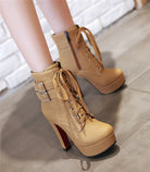 Damen Stiefeletten mit hohen Absätzen, Schnürung und Schnallen, beige. Modische Plateau-Boots für Herbst/Winter. Elegante Schuhe für Frauen.