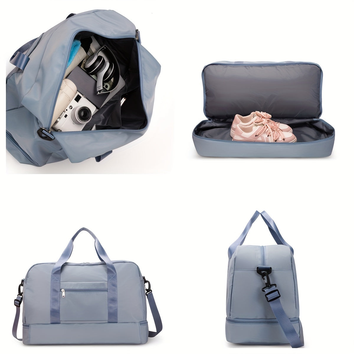 Vielseitige, blaue Sporttasche mit separatem Schuhfach, robustem Design und verstellbarem Schultergurt. Ideal für Fitnessstudio und Reisen.