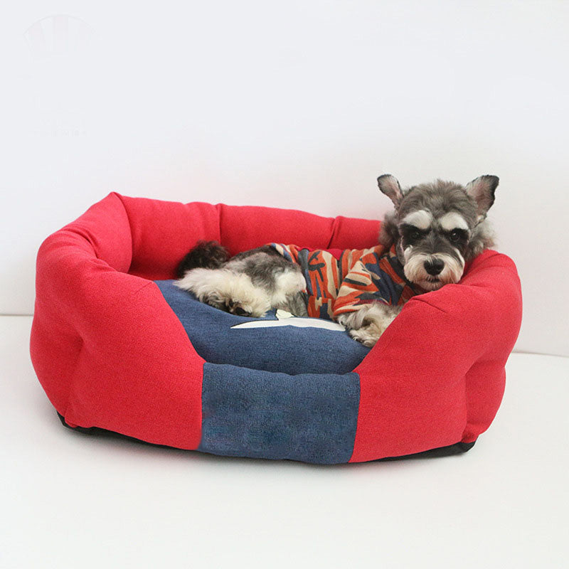 Hund in rotem Hundebett mit blauem Kissen, gemütlich, Haustierbedarf, Schlafplatz für Hunde.
