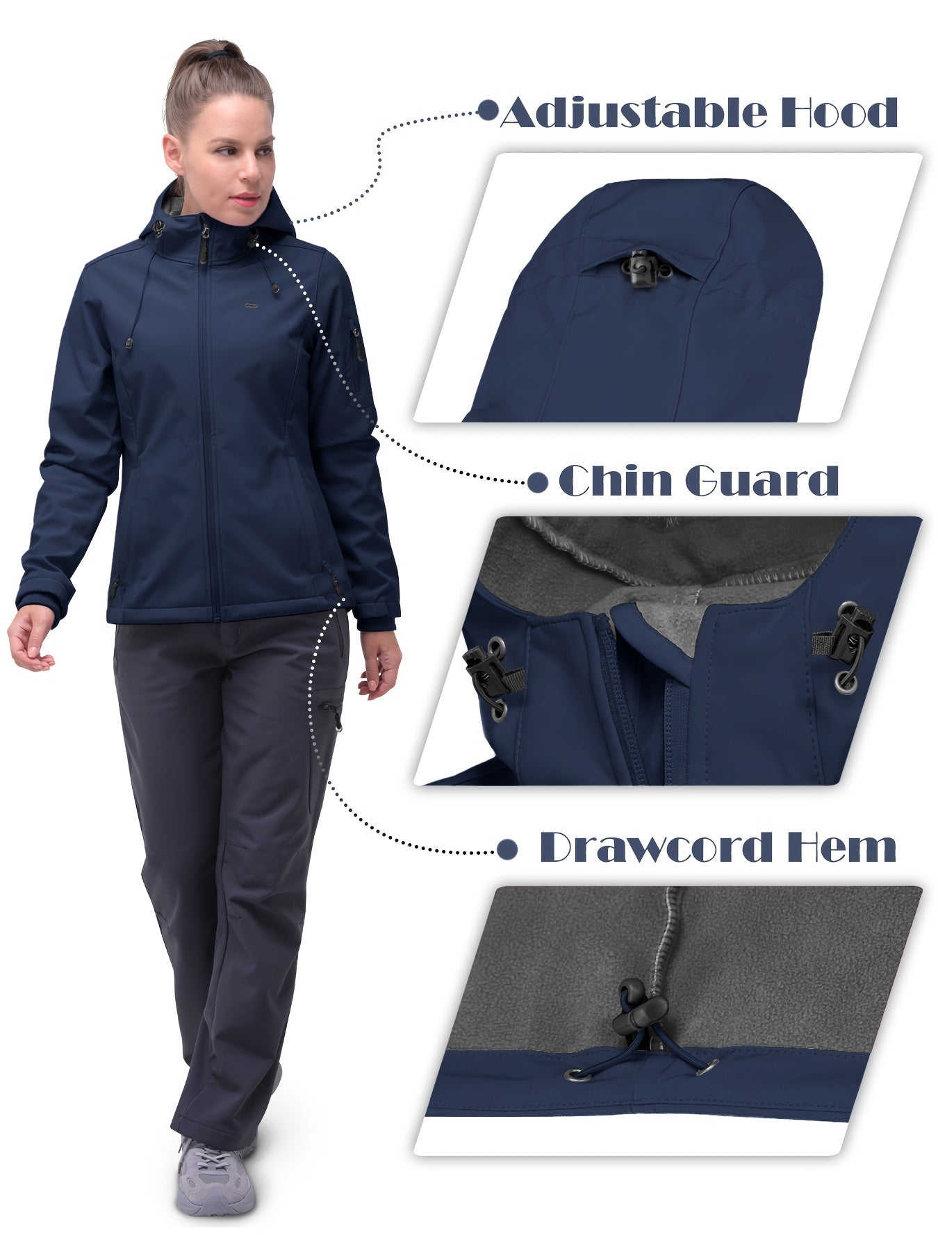 Damen-Softshelljacke mit verstellbarer Kapuze, Kinnschutz und Kordelzugsaum. Ideal für Outdoor-Aktivitäten, wind- und wasserabweisend.