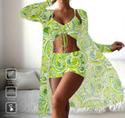 Damen Strandoutfit: Grünes Paisley-Muster, zweiteiliges Set mit Crop-Top und Shorts, ideal für Sommermode, leicht und bequem.