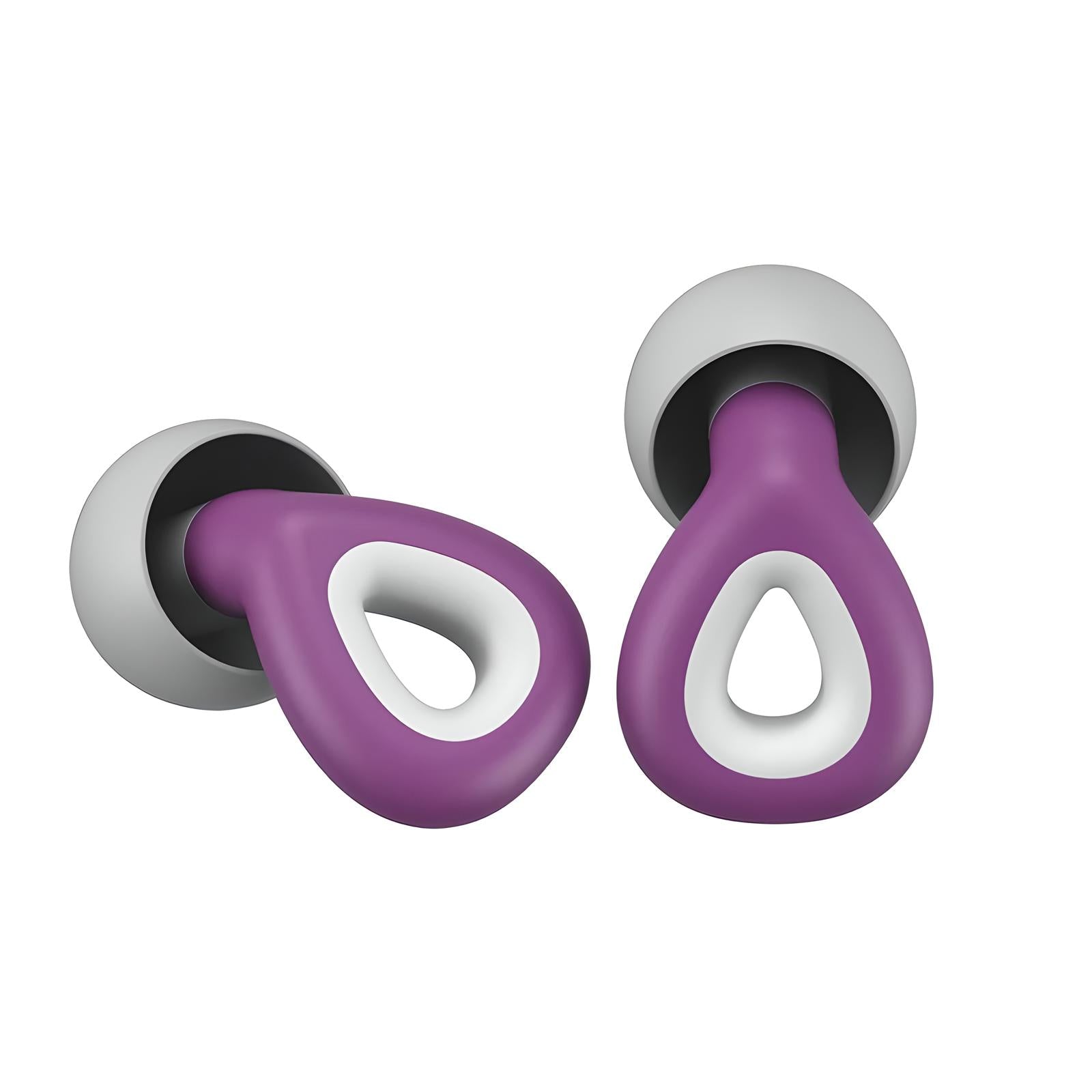 Lila-weiße Ohrstöpsel, ergonomisches Design, geräuschisolierend, Silikonmaterial.