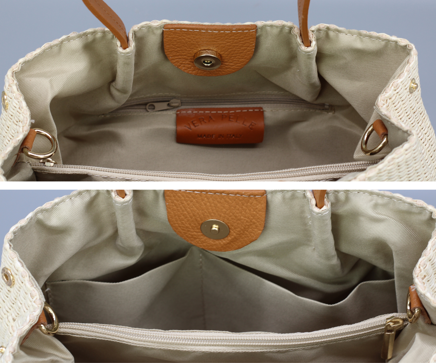Beige Handtasche aus Leder mit Innenfächern, Reißverschluss und Druckknopf. Stilvoll, praktisch, ideal für Alltag und Reisen. Made in Italy.