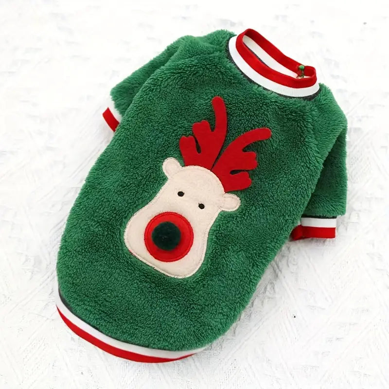 Grüner Hundepullover mit Rentiermotiv, weiches Fleece, ideal für Weihnachten, Haustierbekleidung, warm, bequem, festlich, modisch.