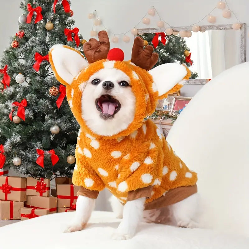 Niedlicher Hund im Rentierkostüm vor Weihnachtsbaum, perfekt für festliche Haustierfotos. Weihnachtsdeko, Geschenke, Haustiermode.