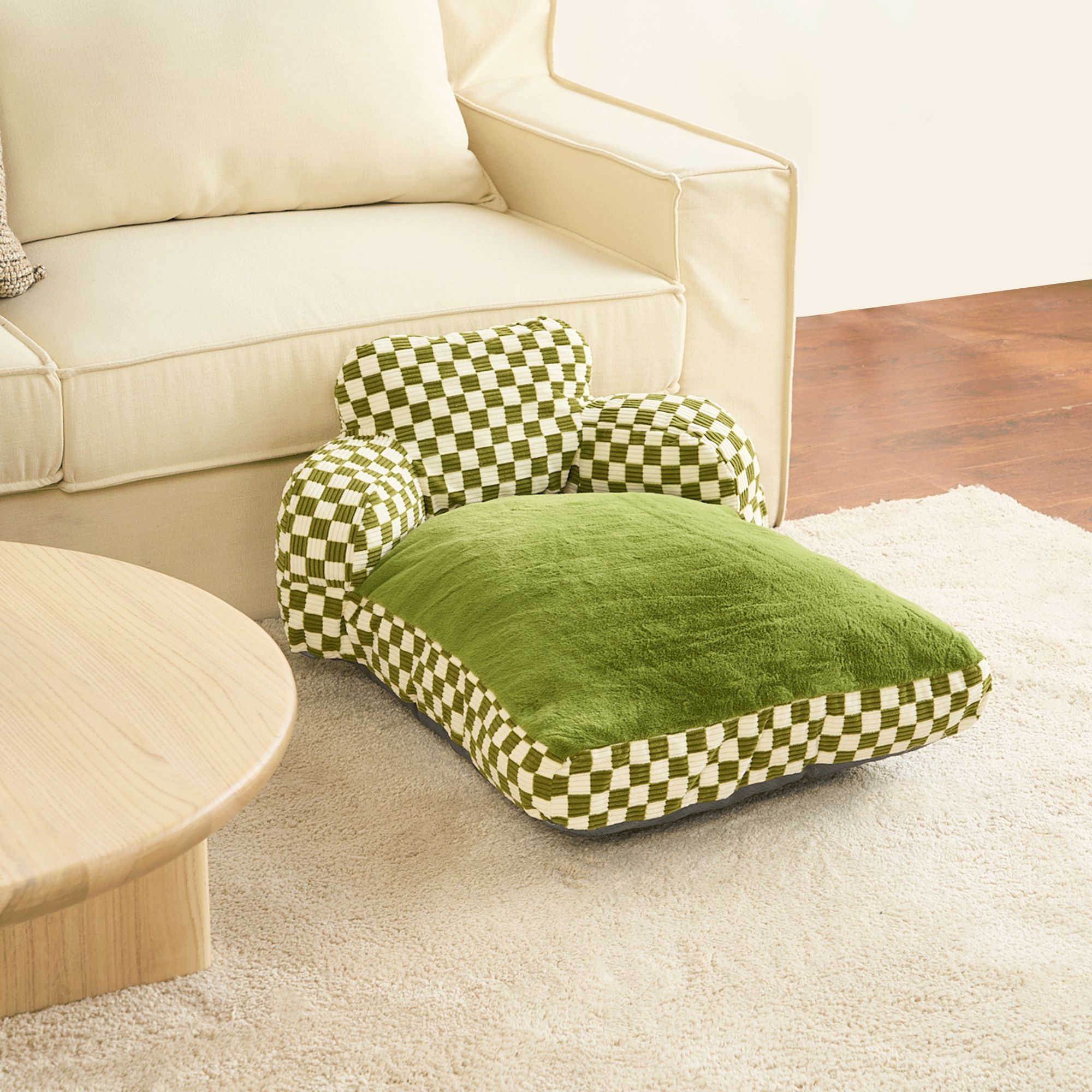 Grünes kariertes Haustierbett, bequem, für Hunde und Katzen, Wohnzimmer, modernes Design.