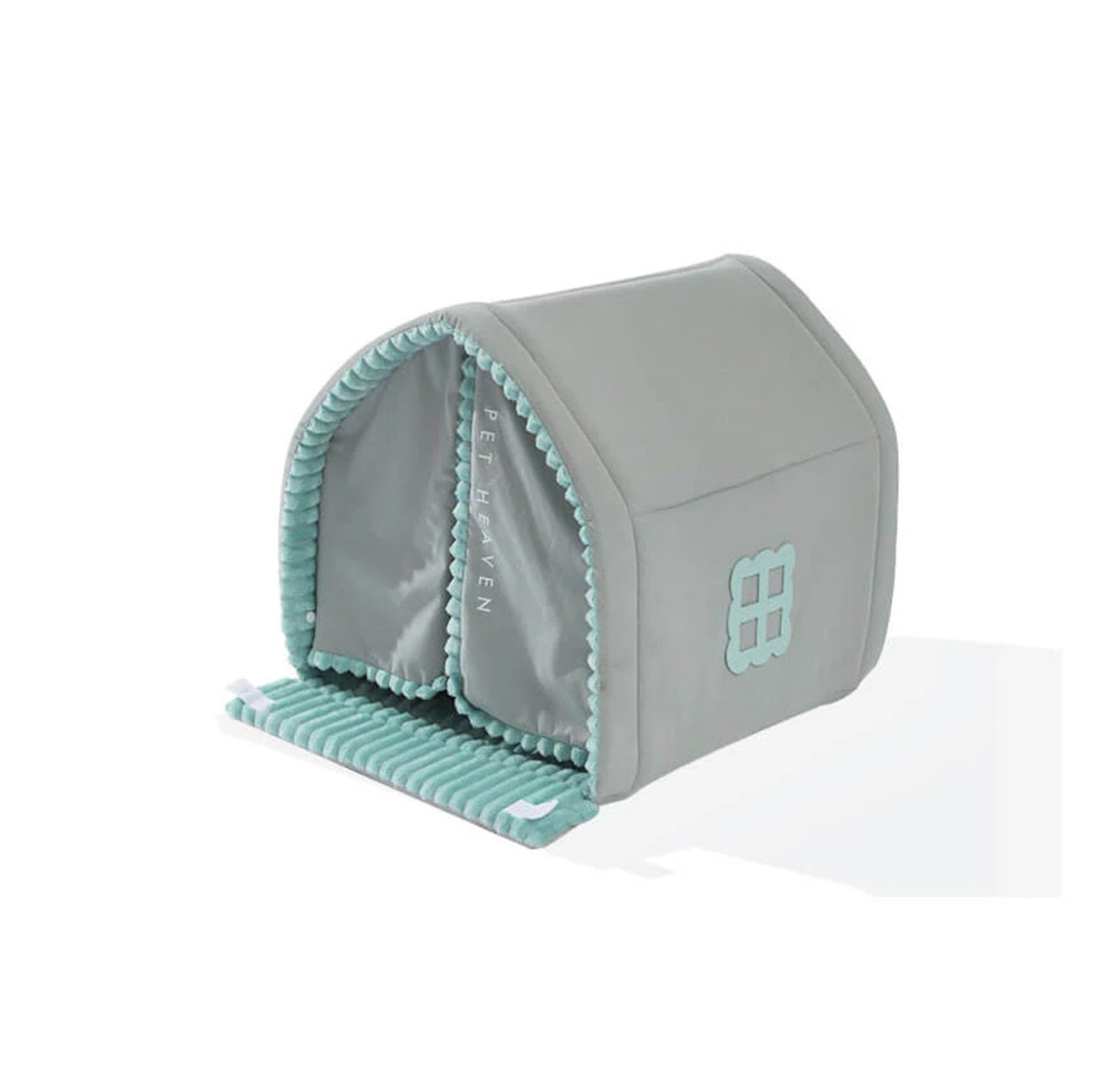 Graues, geschlossenes Hundebett mit doppeltem Vorhang, weiches Material, modernes Design.