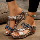 Damen-Sandalen mit Schlangenmuster, offener Zehenbereich, bequem, modisch, ideal für Sommer, Freizeit, Strand, rutschfeste Sohle, trendige Fußbekleidung.