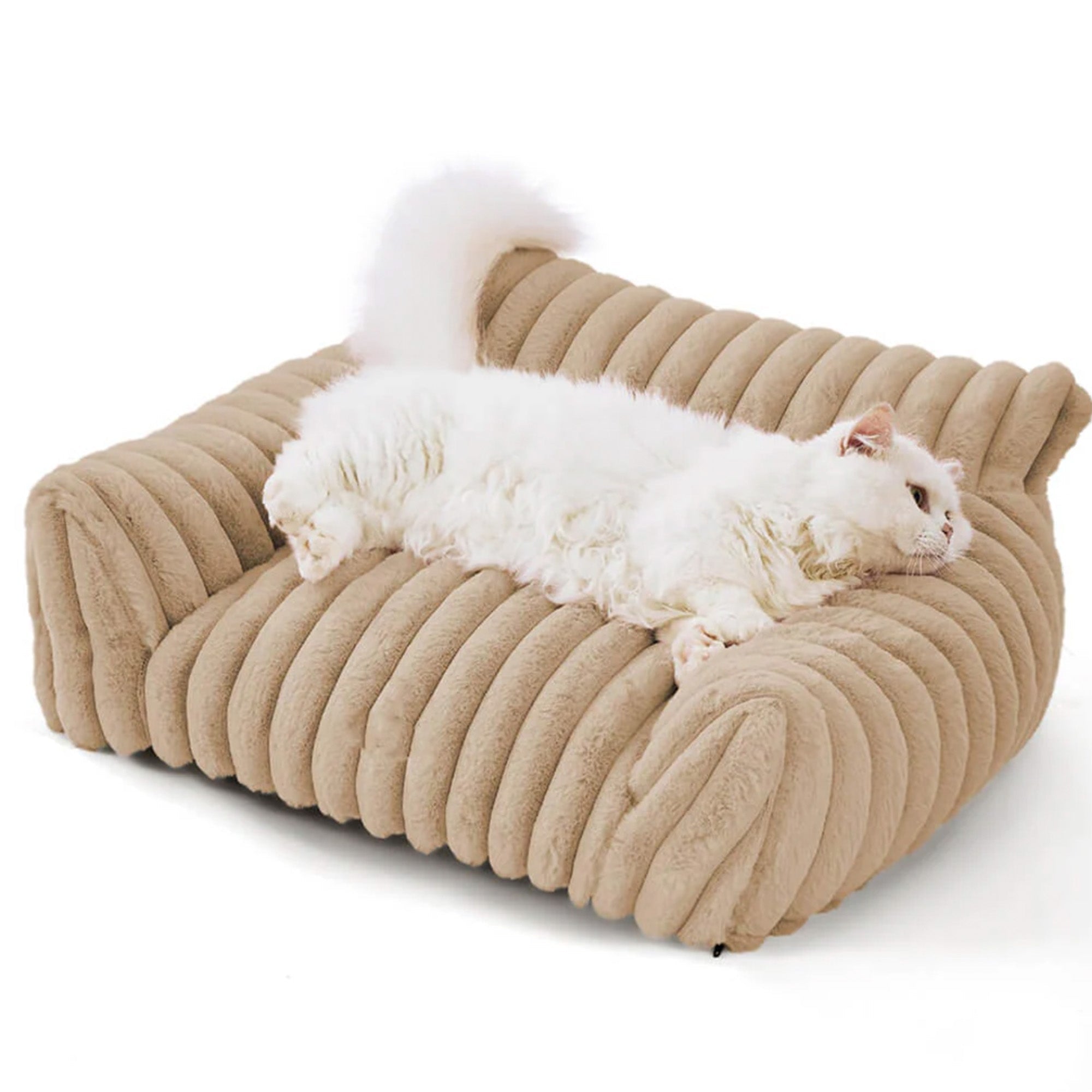 Luxuriöses Katzenbett aus Kunstfell, beige, weich, stützend, ideal für Haustierlounge.