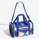 Tragbare faltbare Designer-Haustiertasche, blau-weiß, atmungsaktiv, mit Schultergurt.