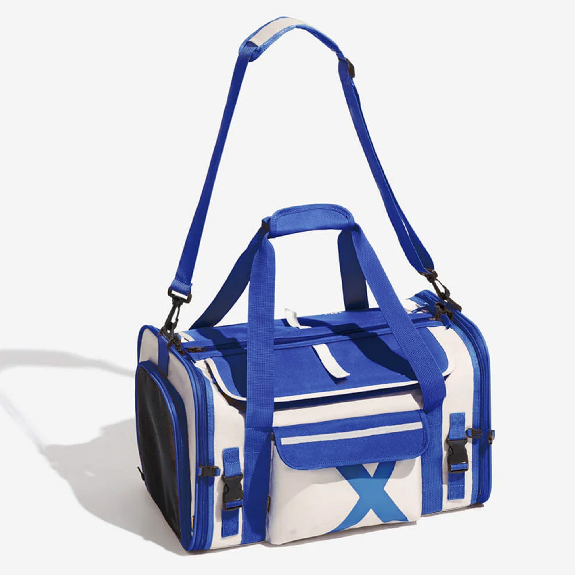 Tragbare faltbare Designer-Haustiertasche, blau-weiß, atmungsaktiv, mit Schultergurt.