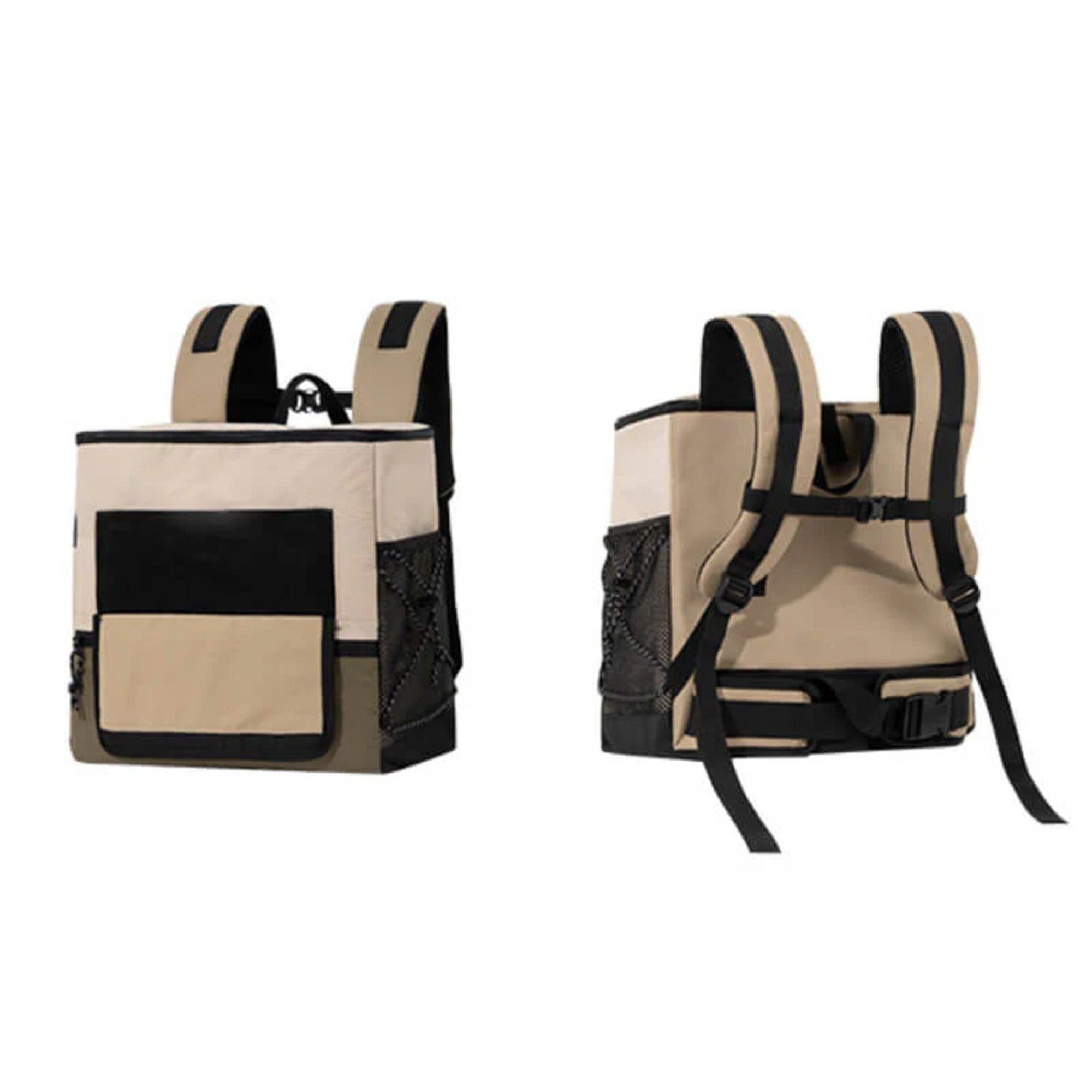 Wasserdichter Katzenrucksack, tragbare Outdoor-Tasche, beige, schwarz, Netzseitentaschen.