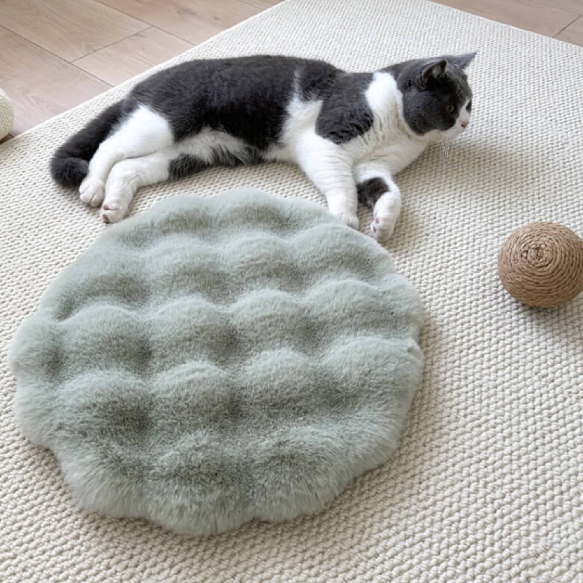 Weiches, plüschiges, rundes Hundebett, graue Farbe, gemütliche Haustiermatte, Schlafplatz.
