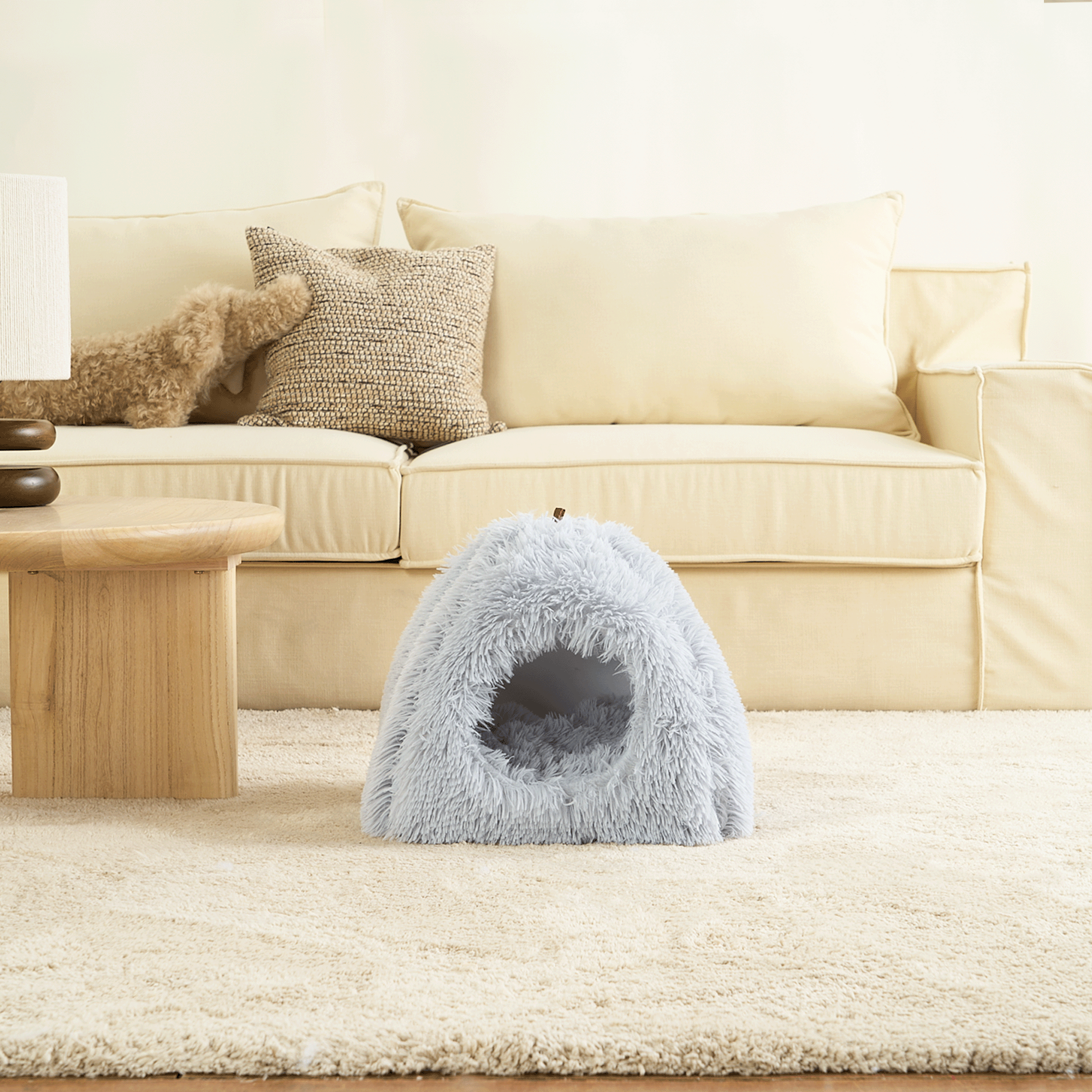 Kuschelige blaue Haustierhöhle auf Teppich vor beigem Sofa, gemütliches Tierbett, Wohnzimmerdekor.
