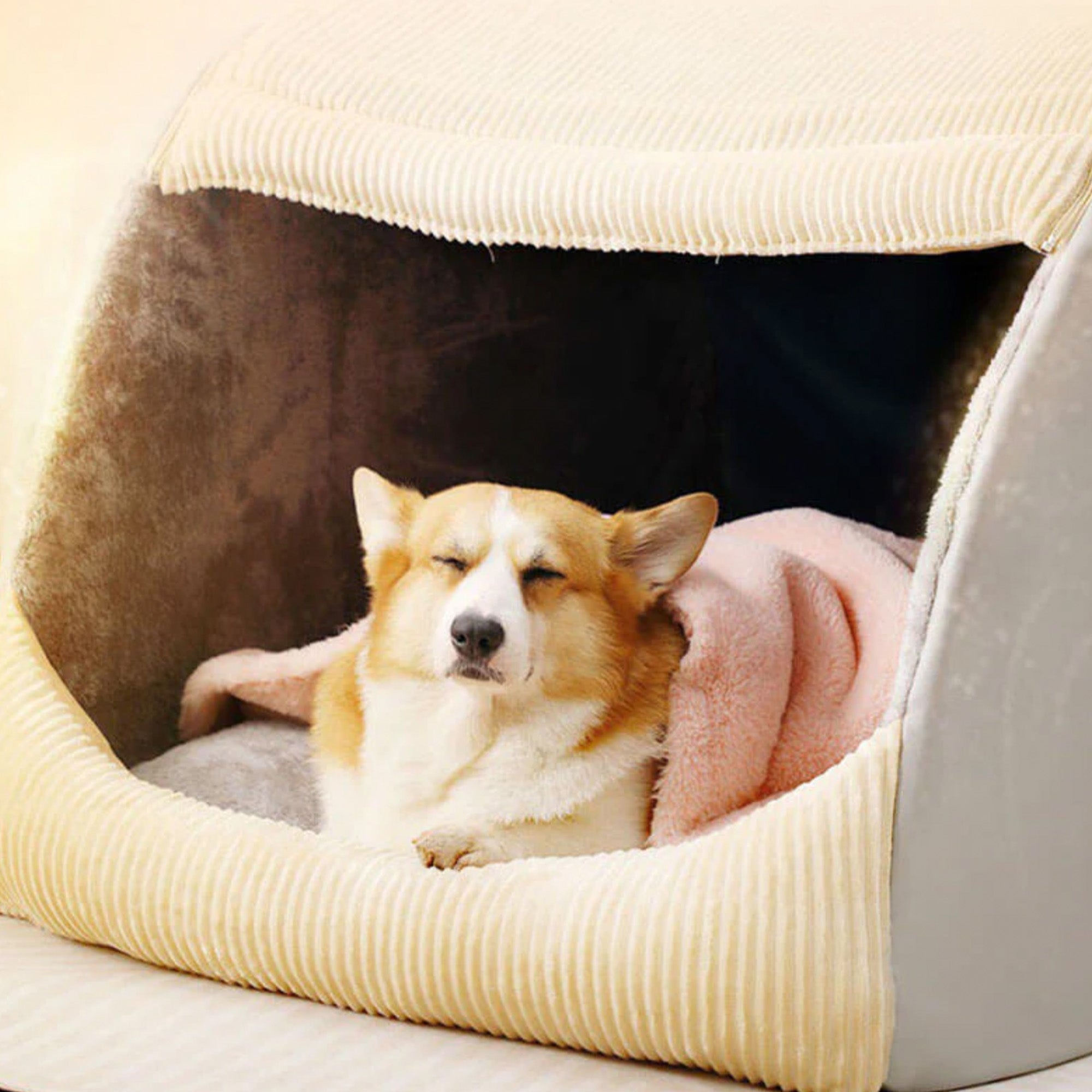 Großes, abnehmbares, halbgeschlossenes Hundebett aus warmem Flanell mit Corgi.