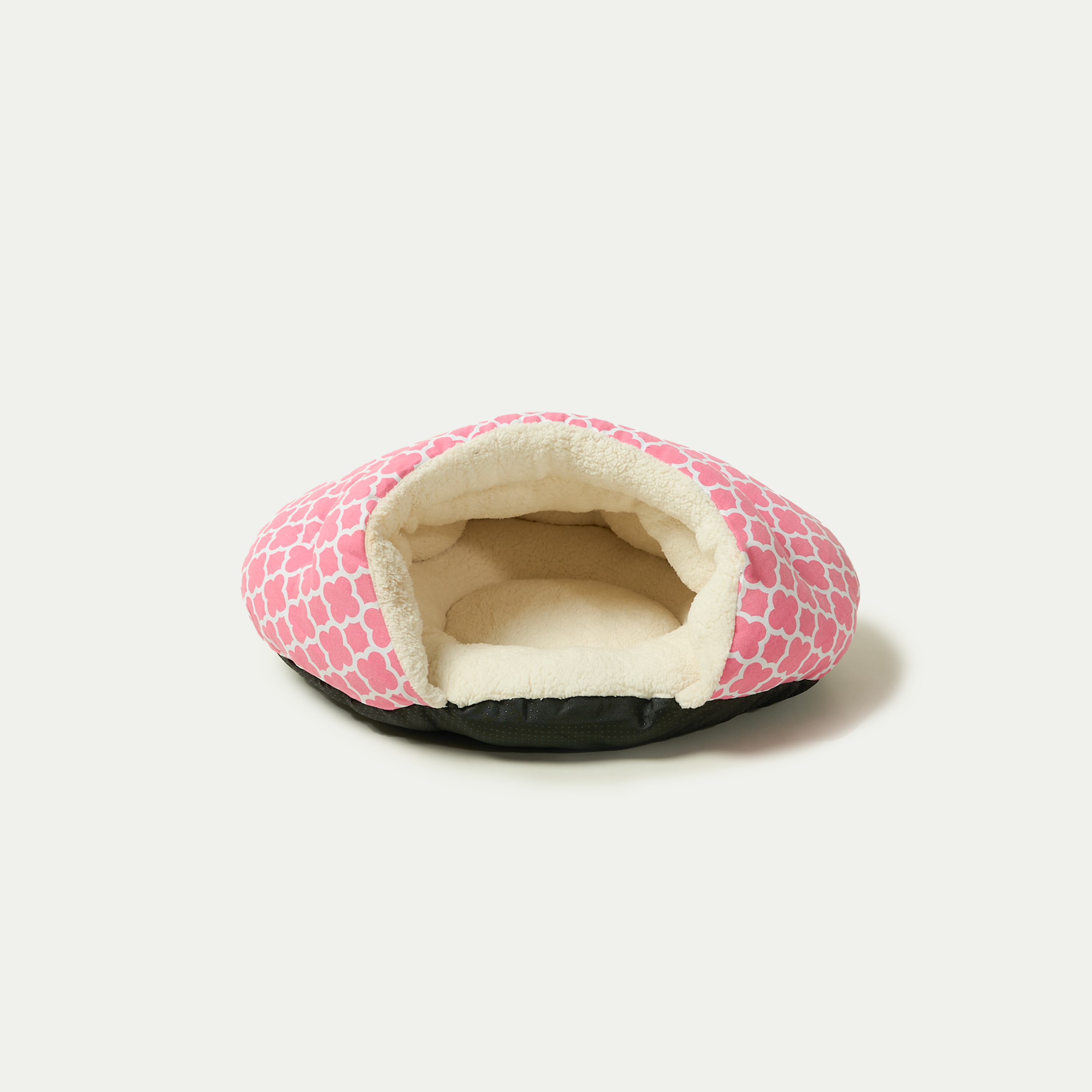 Rosa Haustierbett mit Plüschfutter, gemütlich, rund, für Katzen und kleine Hunde.