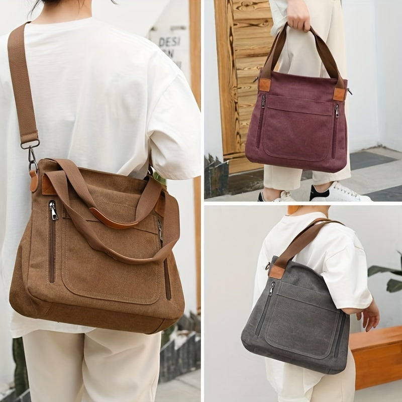 Damen-Umhängetasche aus Segeltuch in Braun, Grau und Rot. Stilvoll, geräumig, ideal für Alltag und Reisen. Modische Handtasche für Frauen.