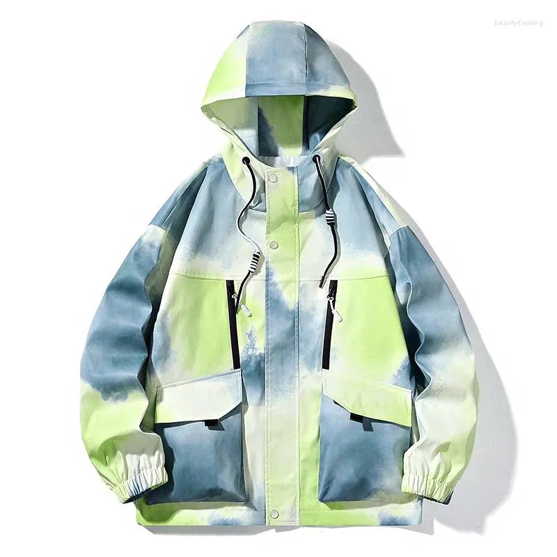 Bunte Kapuzenjacke, wasserabweisend, Unisex, Blau-Grün, Outdoor-Mode, Freizeitkleidung.
